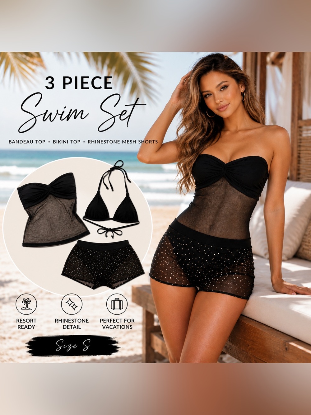 Resort Ready 3-Piece Swim Set Rhinestone Mesh Shorts & Bikini Top
